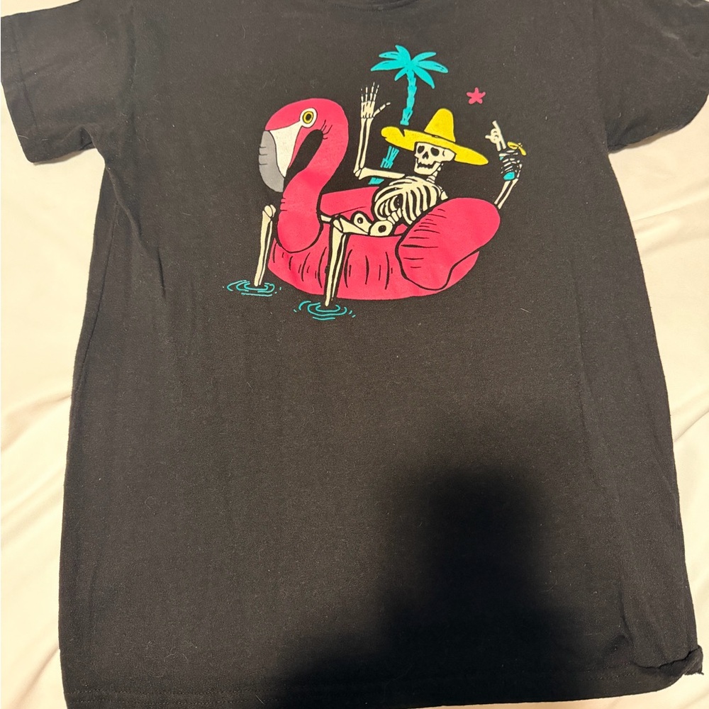 Black T-Shirt with Skeleton Flamingo Graphic
